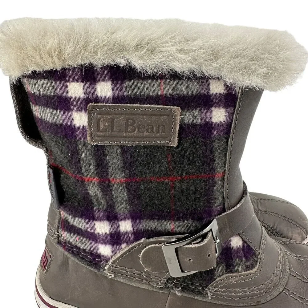 LL Bean Winter Boots Size 7 Purple Gray Plaid Primaloft 200 Gram Waterproof